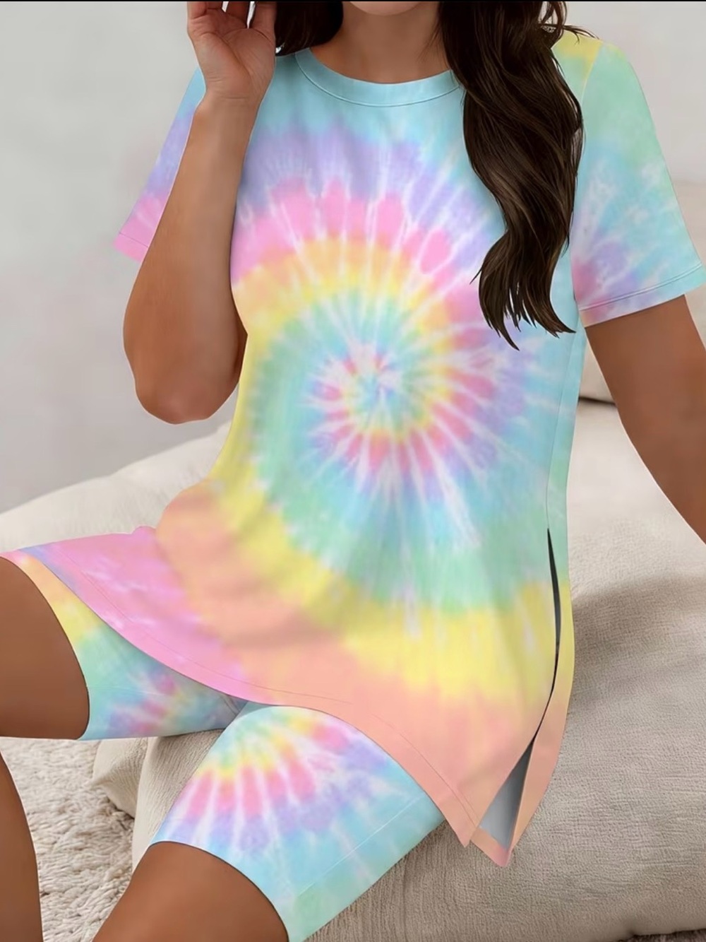 Pastel Tie-Dye Short Sleeve Tunic & Bike Shorts Set - Picture 2 of 3
